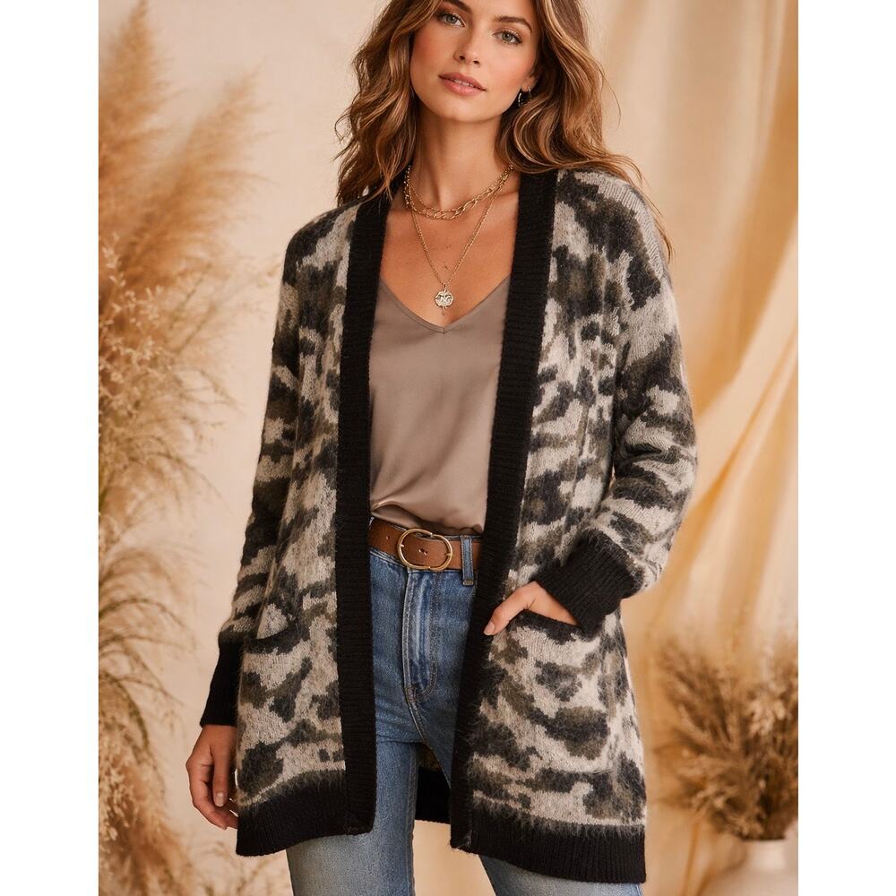 NWT $56 Sz L Black Camouflage Love by Design Fuzzy Matted Open Front Cardigan
